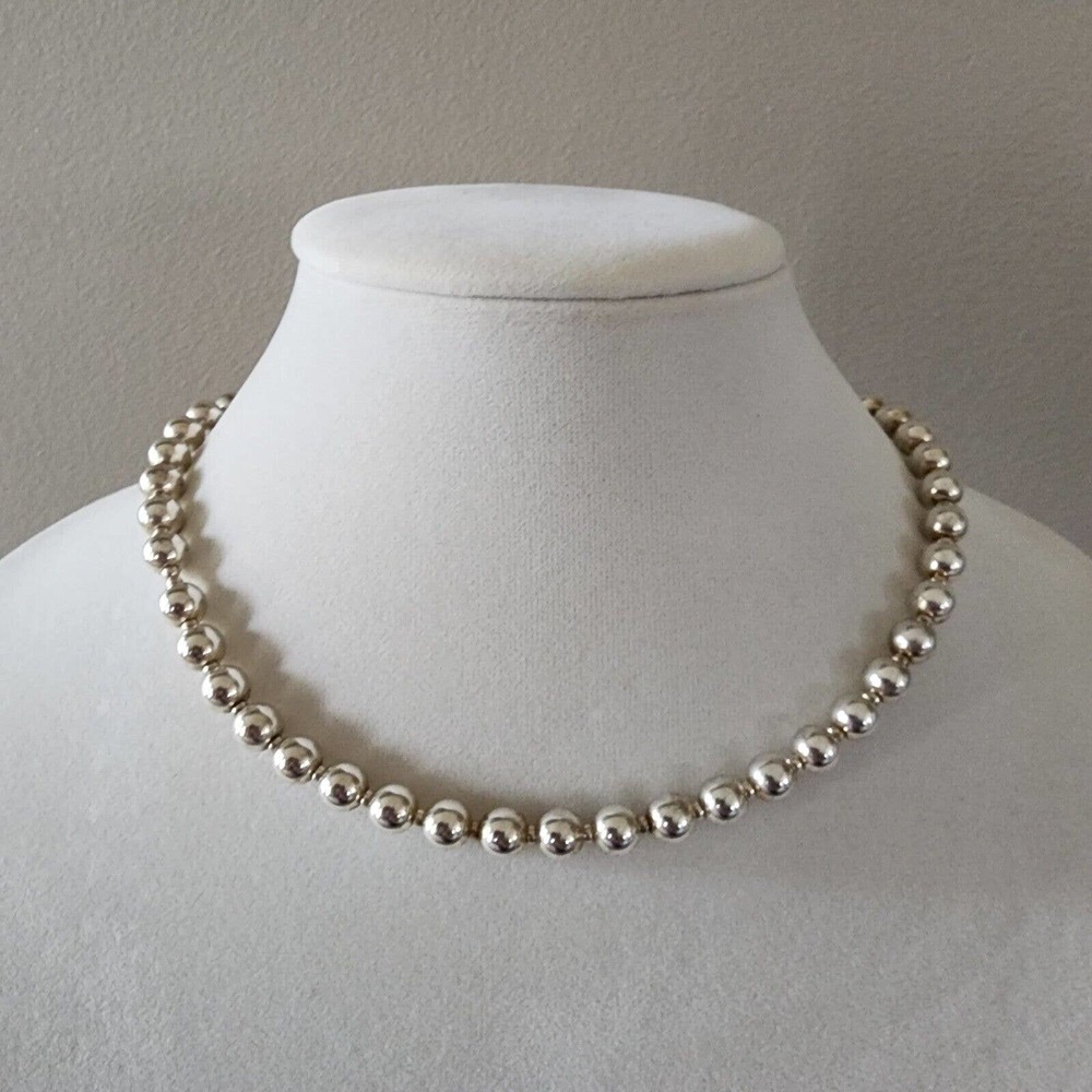 Sterling Silver 8 mm Bead Necklace " Navajo Pearl " 18" 50 grams Very Nice ! S3